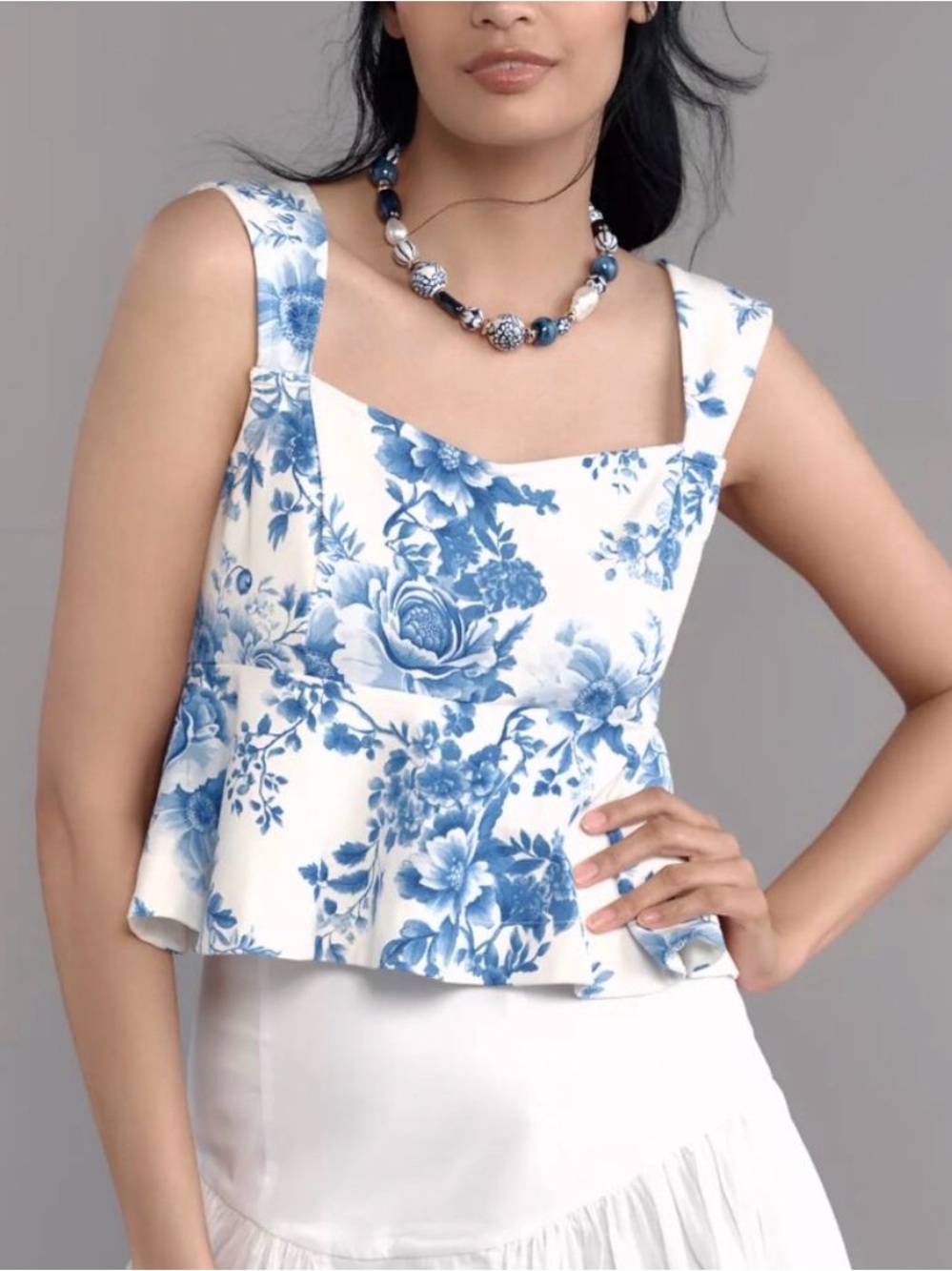 Anthropologie Maeve White Camisole with Blue Floral Print